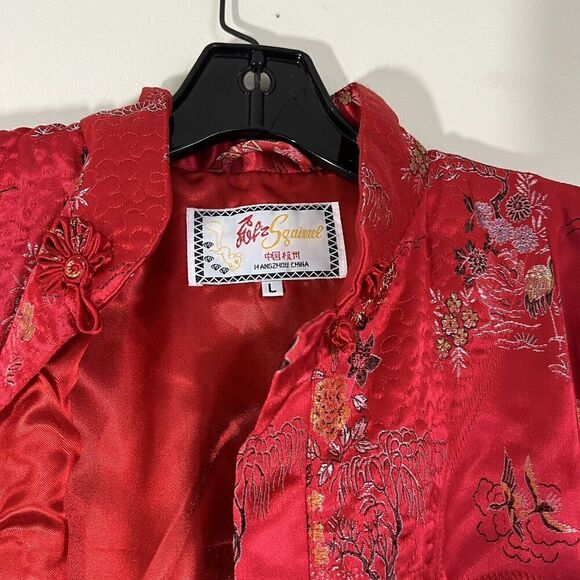 VTG Solz Squirrel Chinese Long Robe Dress Jacket Red Embroidered Pockets L Satin - Picture 4 of 8